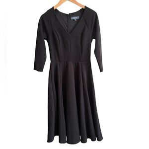 Anthropologie Modcloth Ponte Dress Swing Fit & Flare Black V-Neck 3/4 Sleeve M
